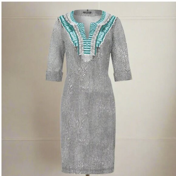 Olsen Tunic Shift Dress 12 Blue Linen V-Neck Animal Print Resort Lightweight - Picture 1 of 8